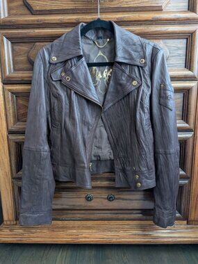 GUESS Brown Leather Moto Jacket Gold Hardware Cropped Biker Size L